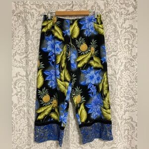 Ku De Ta Rayon Wide Leg Boho Tropical Pineapple Beaded Pull On Cropped Pants L